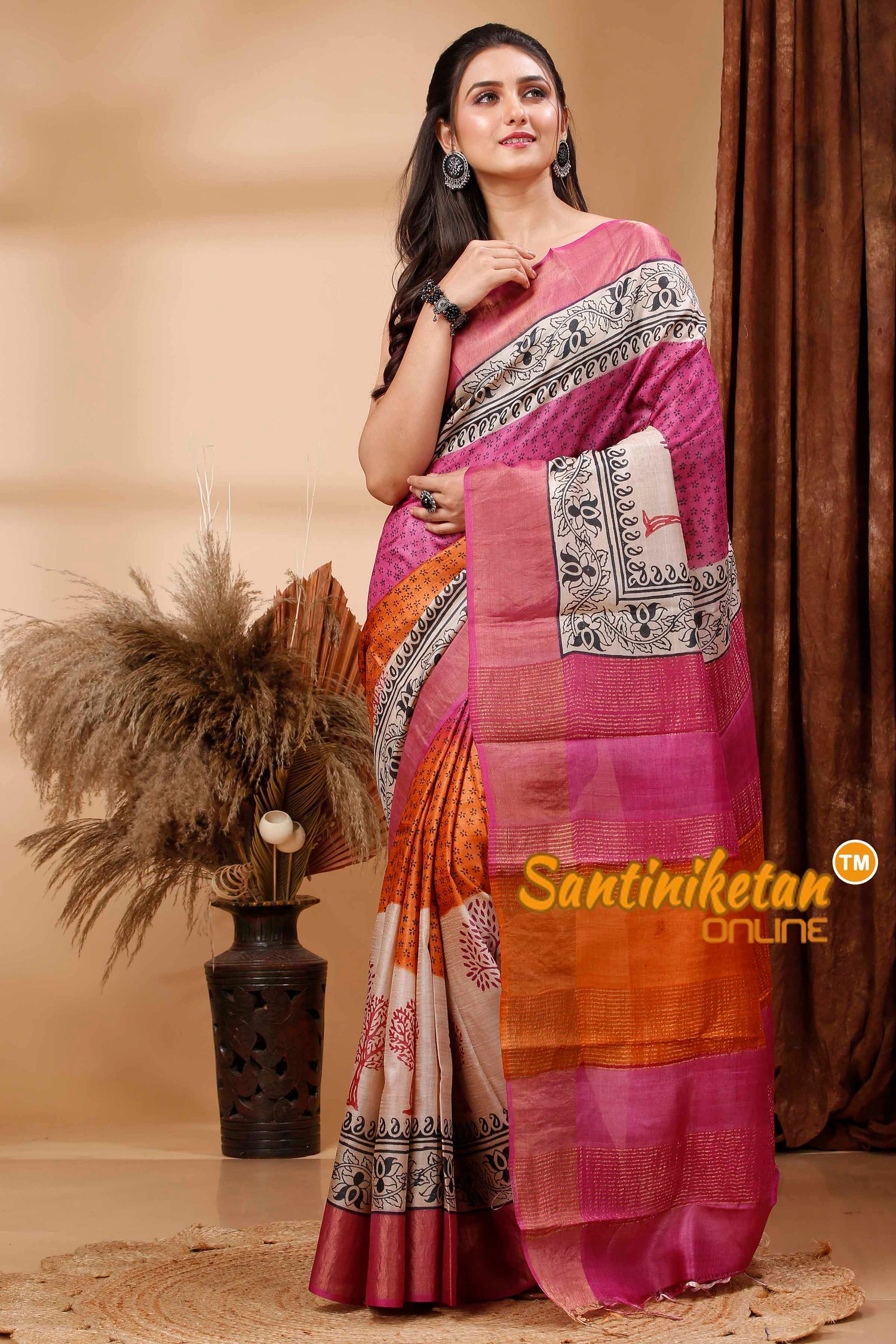 Pure Zari Tussar Hand Block Painted Saree SN202417548