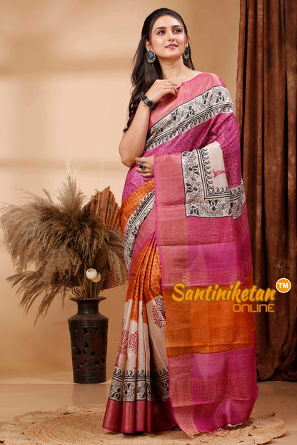 Pure Zari Tussar Hand Block Painted Saree SN202417548