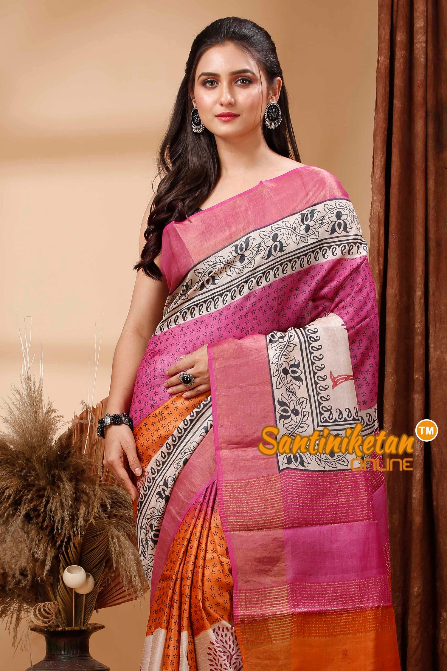 Pure Zari Tussar Hand Block Painted Saree SN202417548