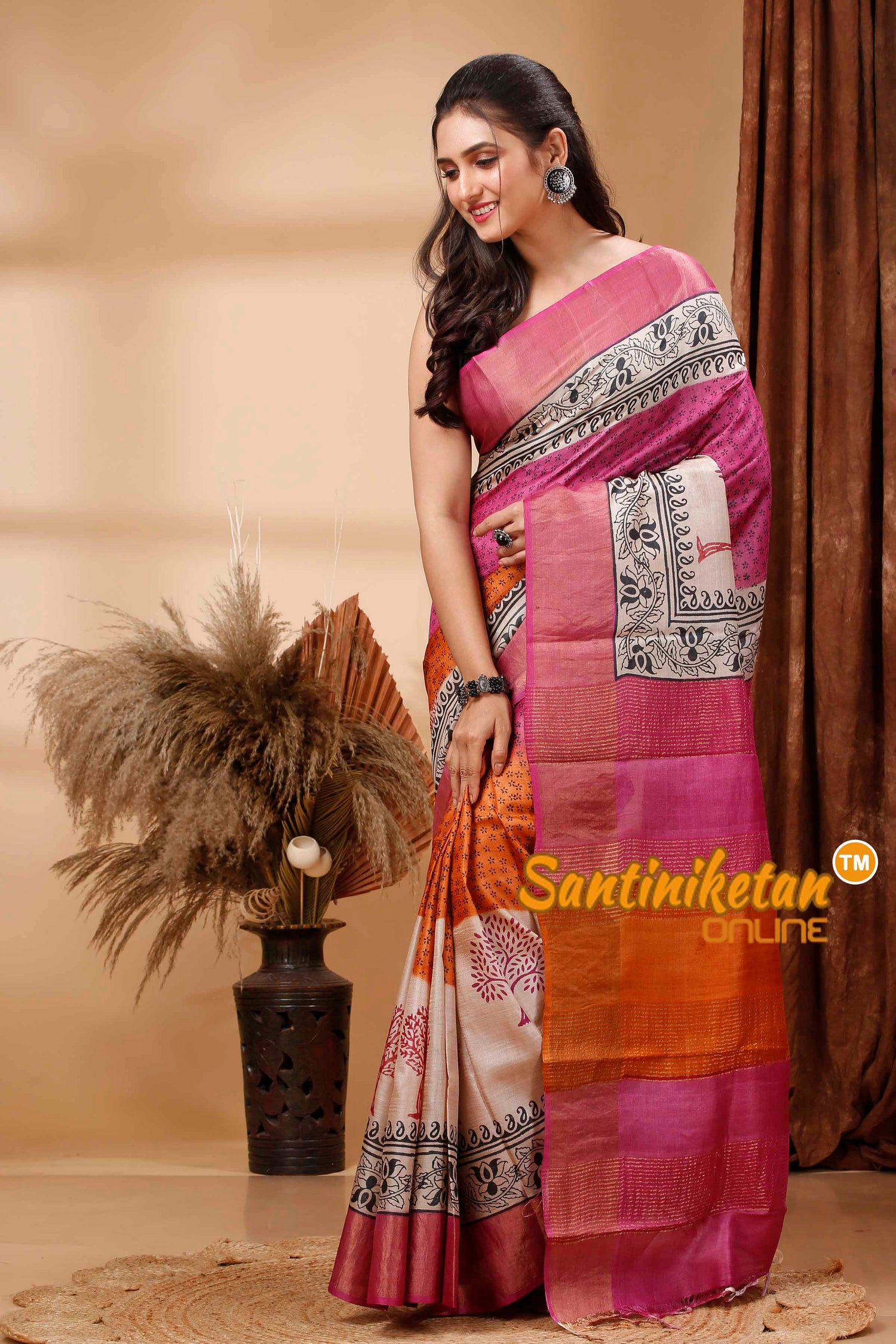 Pure Zari Tussar Hand Block Painted Saree SN202417548