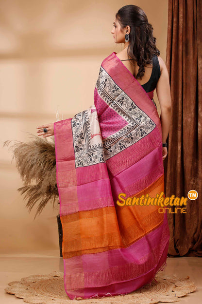 Pure Zari Tussar Hand Block Painted Saree SN202417548