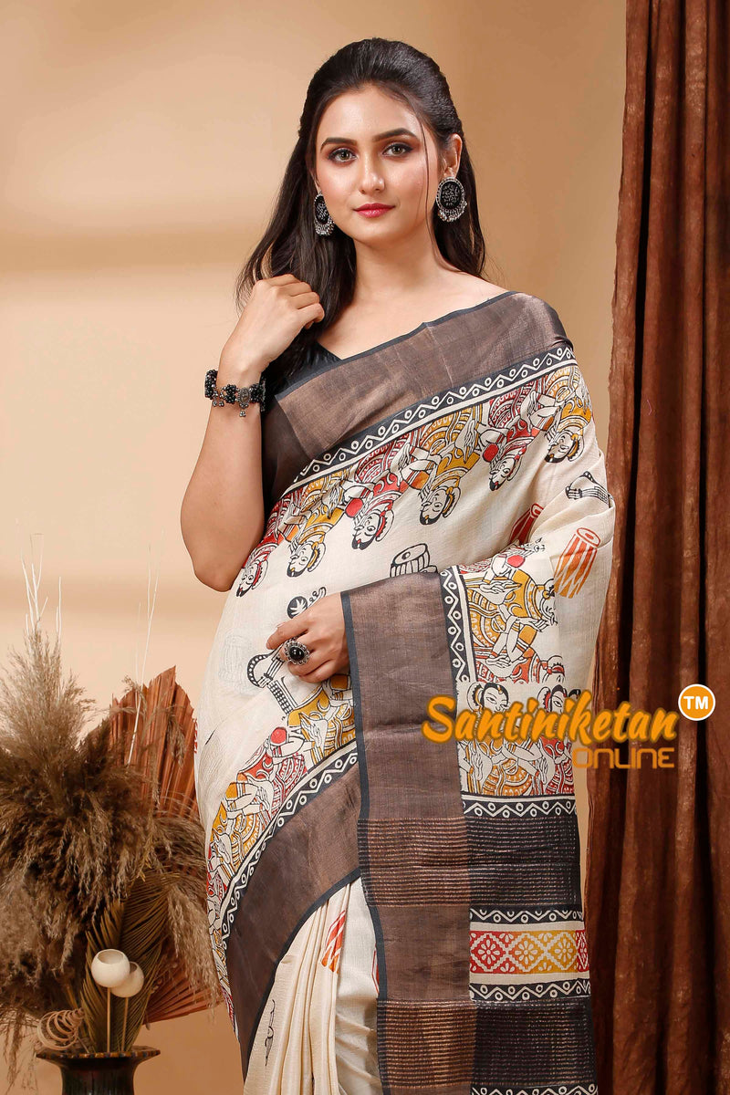 Pure Zari Tussar Hand Block Painted Saree SN202417554