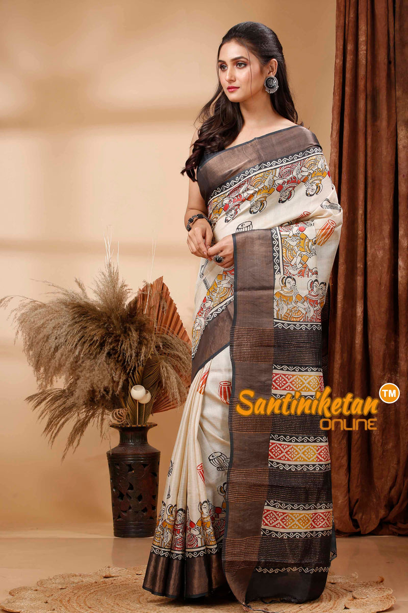 Pure Zari Tussar Hand Block Painted Saree SN202417554