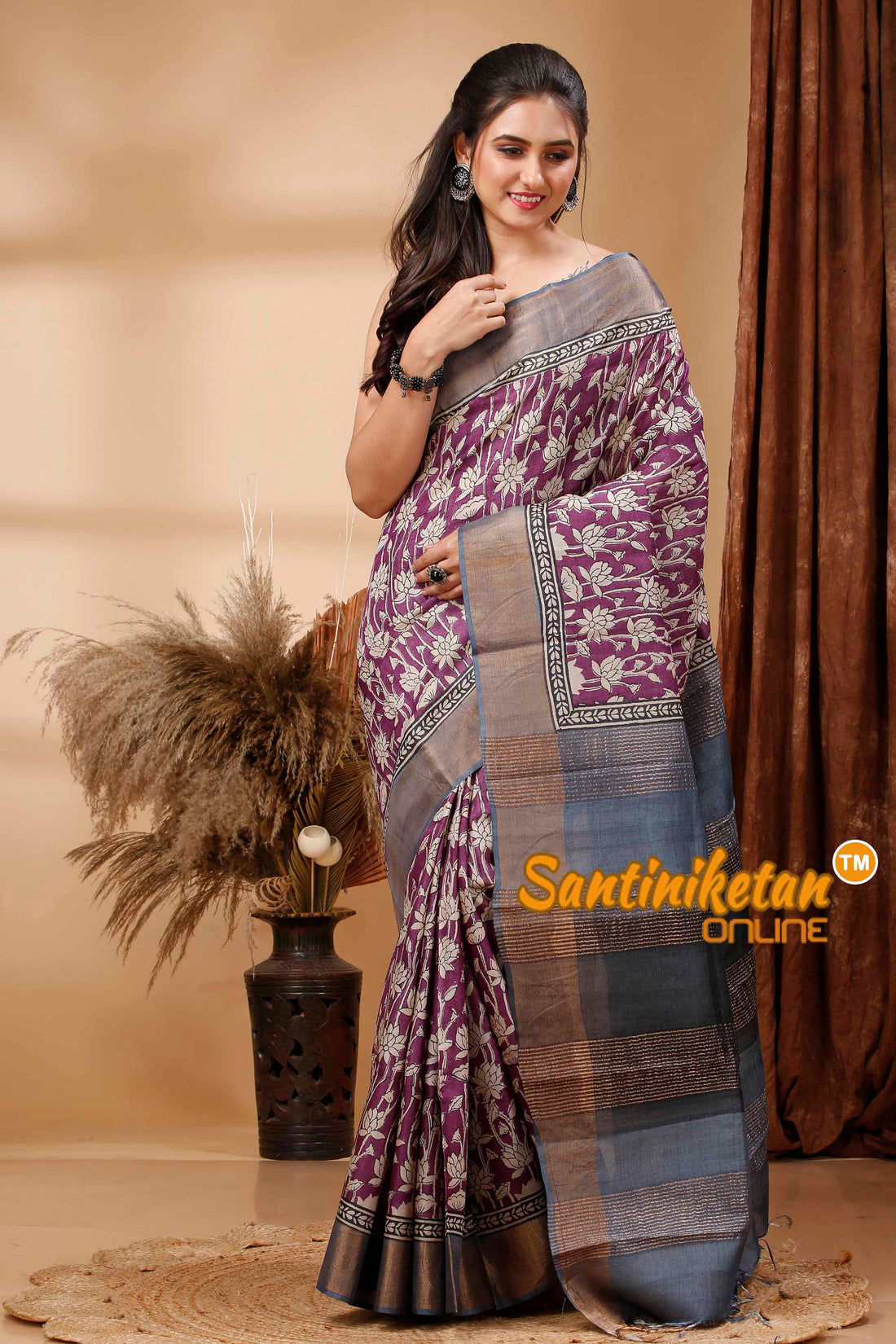 Pure Zari Tussar Hand Block Painted Saree SN202417560