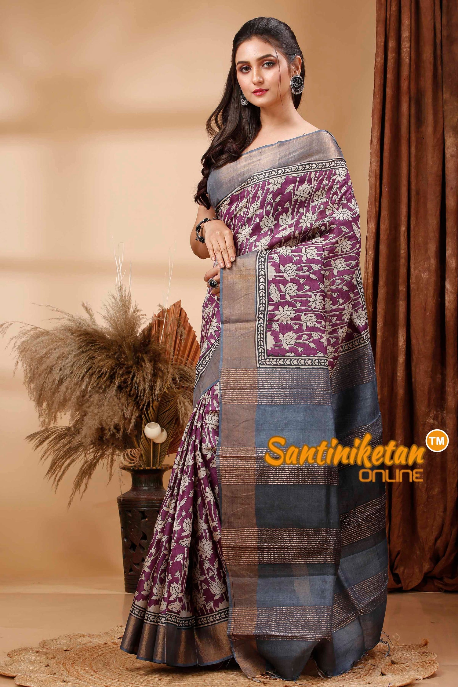 Pure Zari Tussar Hand Block Painted Saree SN202417560