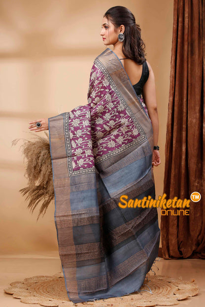 Pure Zari Tussar Hand Block Painted Saree SN202417560