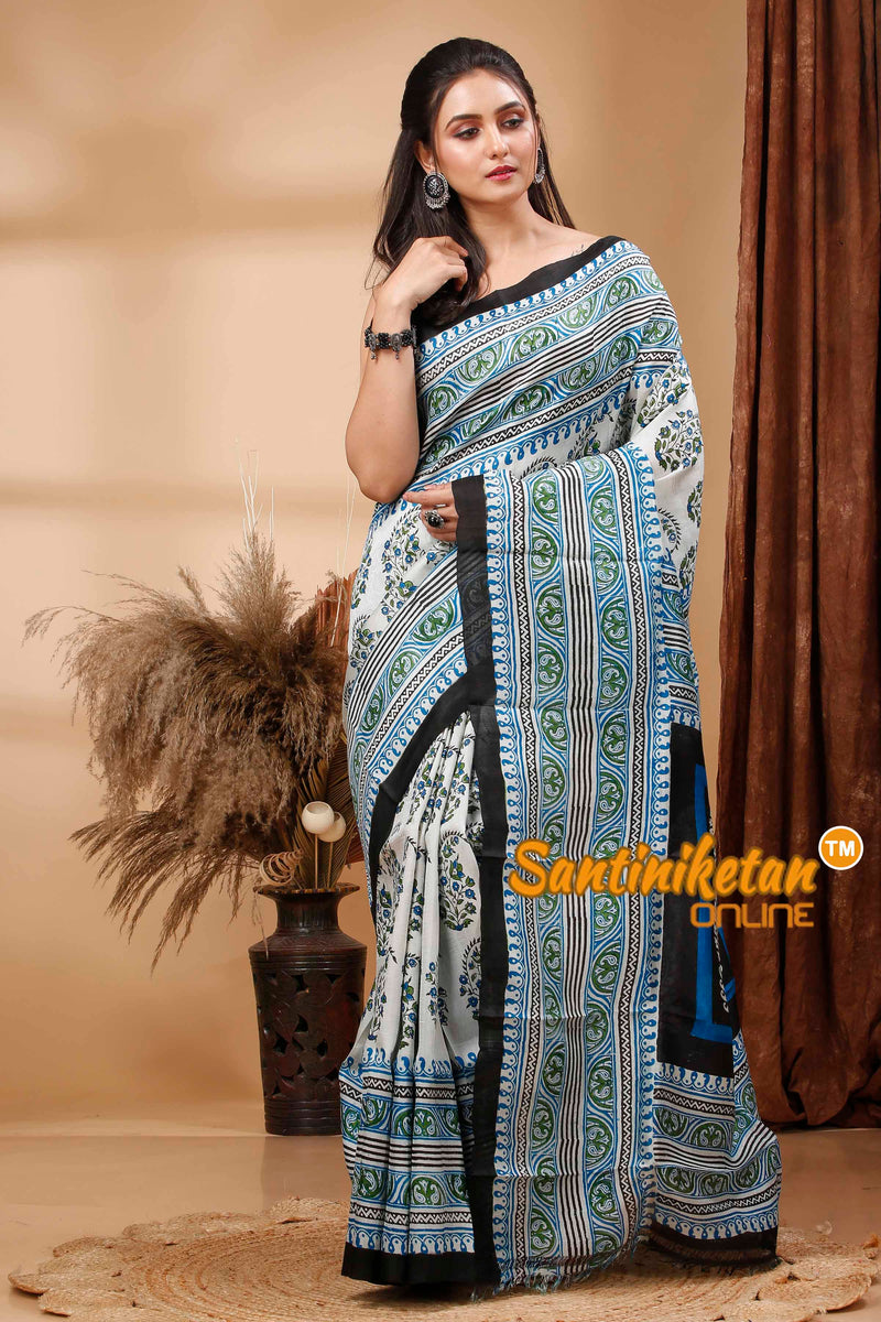 Hand Block Paint On Murshidabad Silk Saree SN202417584