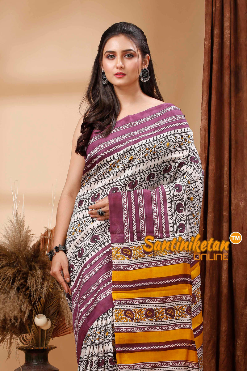 Hand Block Paint On Murshidabad Silk Saree SN202417590