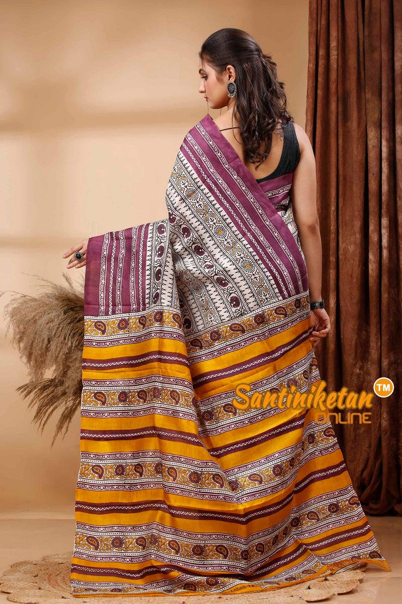 Hand Block Paint On Murshidabad Silk Saree SN202417590