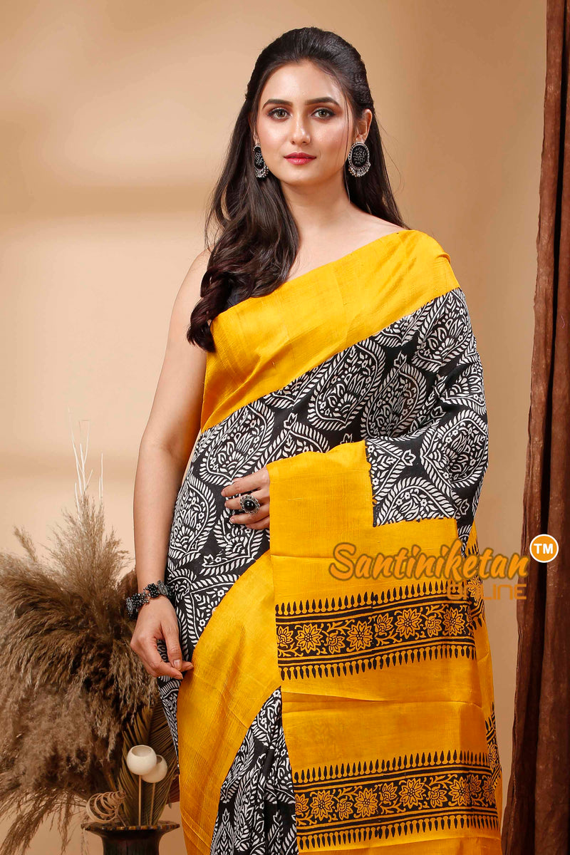 Hand Block Paint On Murshidabad Silk Saree SN202417596