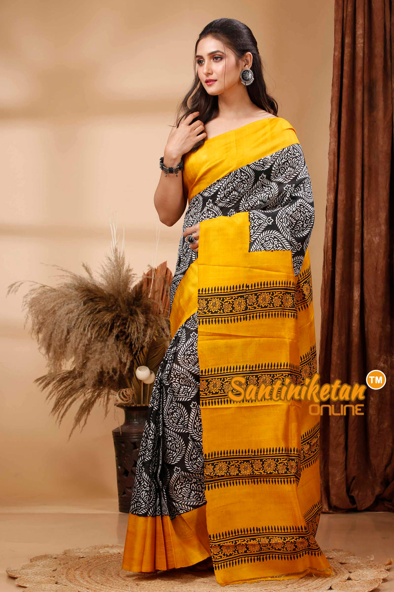 Hand Block Paint On Murshidabad Silk Saree SN202417596