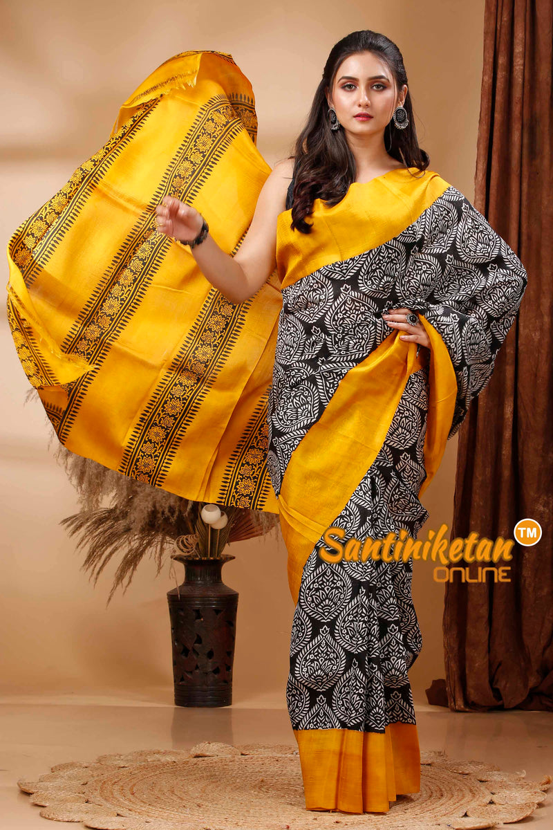 Hand Block Paint On Murshidabad Silk Saree SN202417596