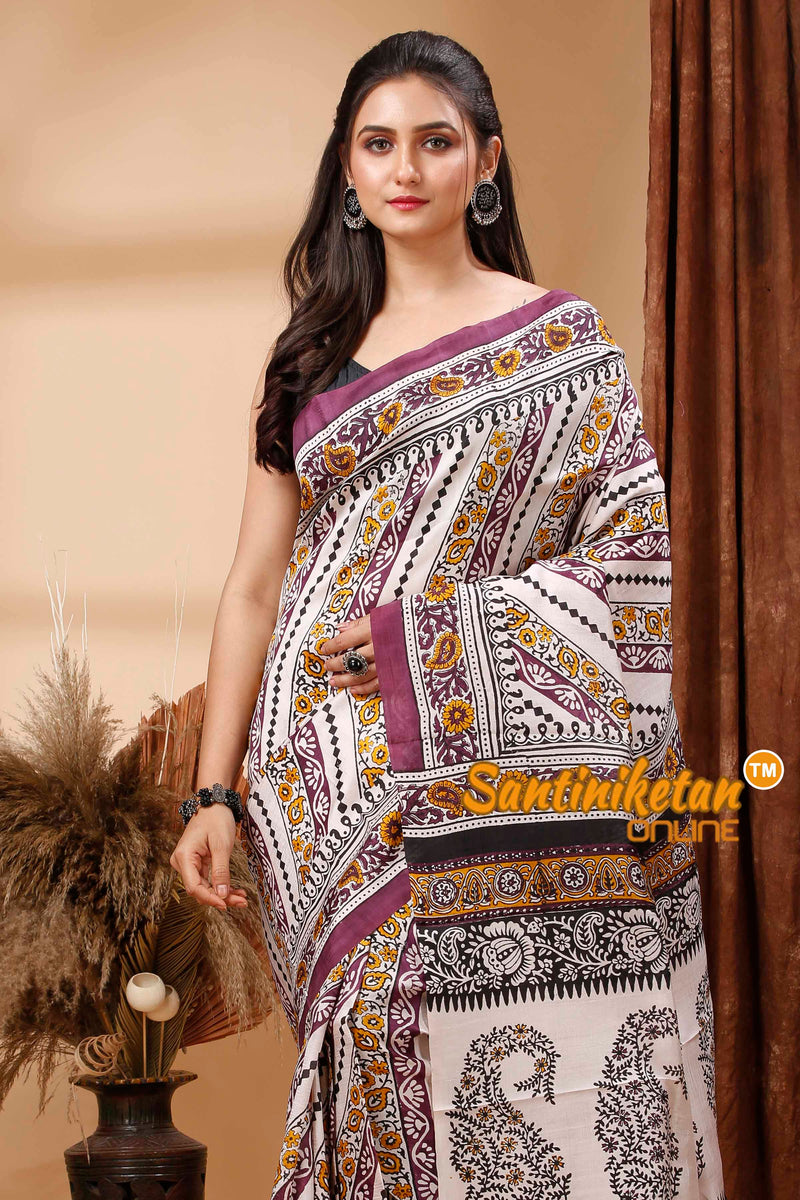 Hand Block Paint On Murshidabad Silk Saree SN202417602