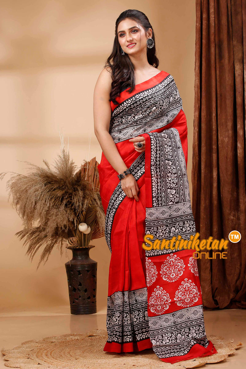 Hand Block Paint On Murshidabad Silk Saree SN202417614