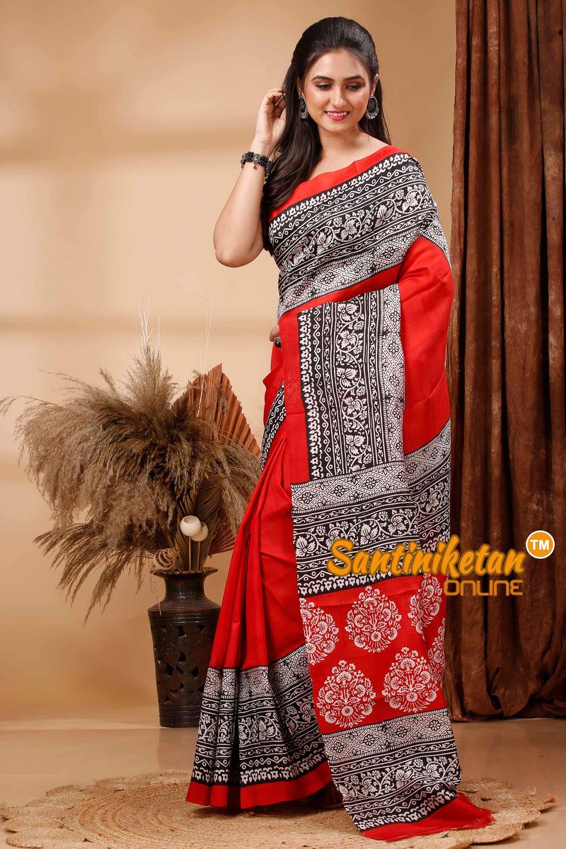 Hand Block Paint On Murshidabad Silk Saree SN202417614