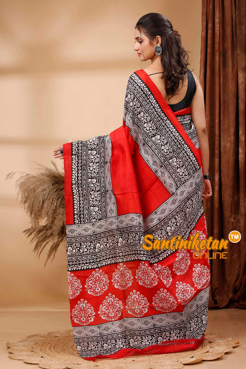 Hand Block Paint On Murshidabad Silk Saree SN202417614