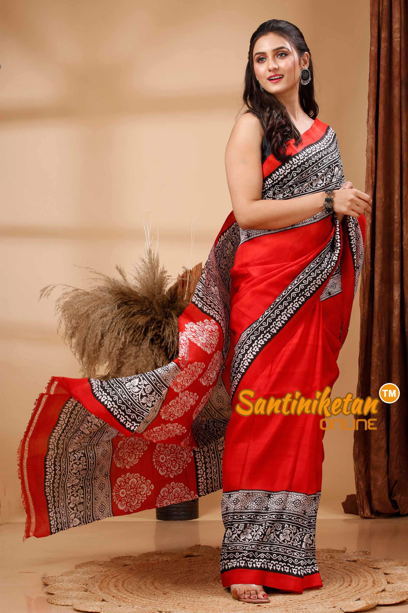 Hand Block Paint On Murshidabad Silk Saree SN202417614