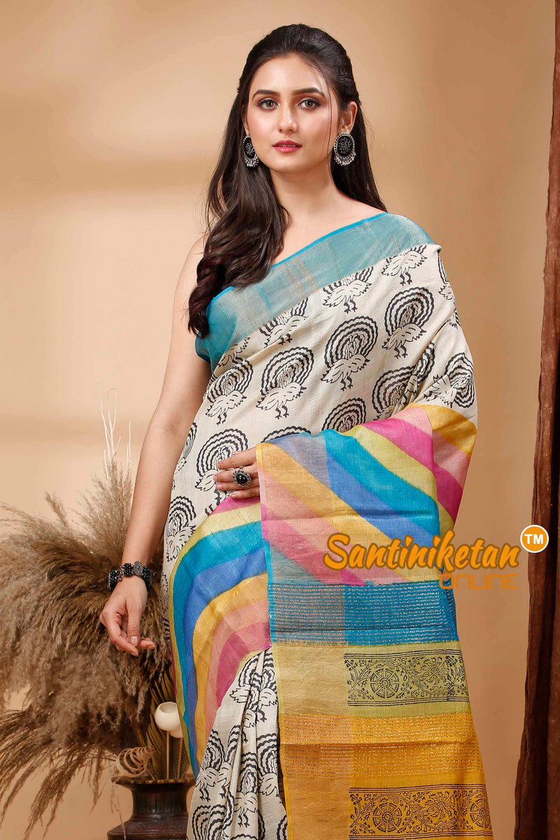 Pure Zari Tussar Hand Block Painted Saree SN202417626