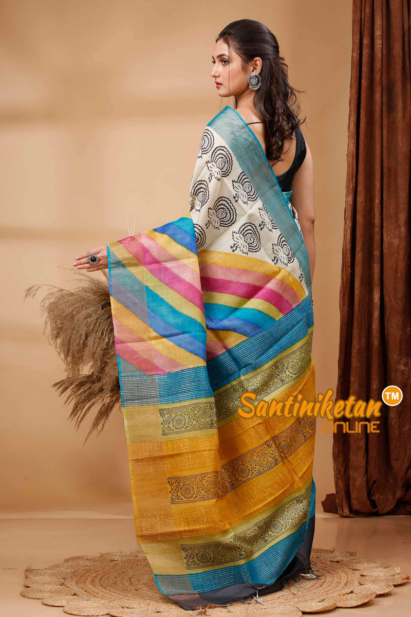 Pure Zari Tussar Hand Block Painted Saree SN202417626