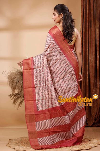 Pure Zari Tussar Hand Block Painted Saree SN202417662