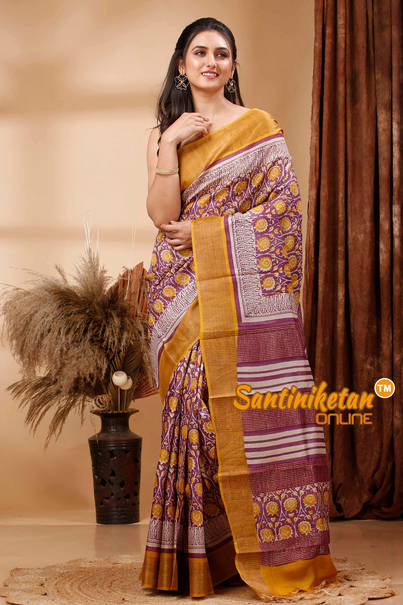 Pure Zari Tussar Hand Block Painted Saree SN202417685