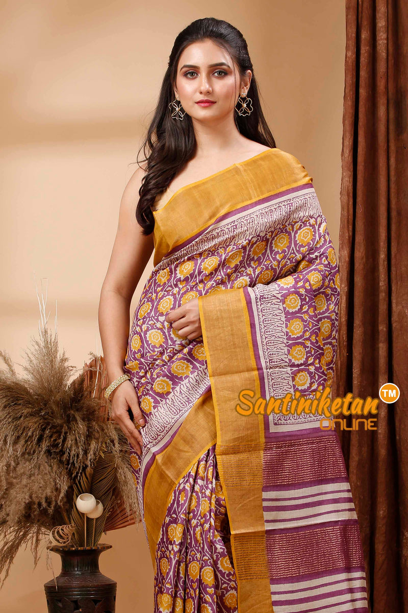 Pure Zari Tussar Hand Block Painted Saree SN202417685