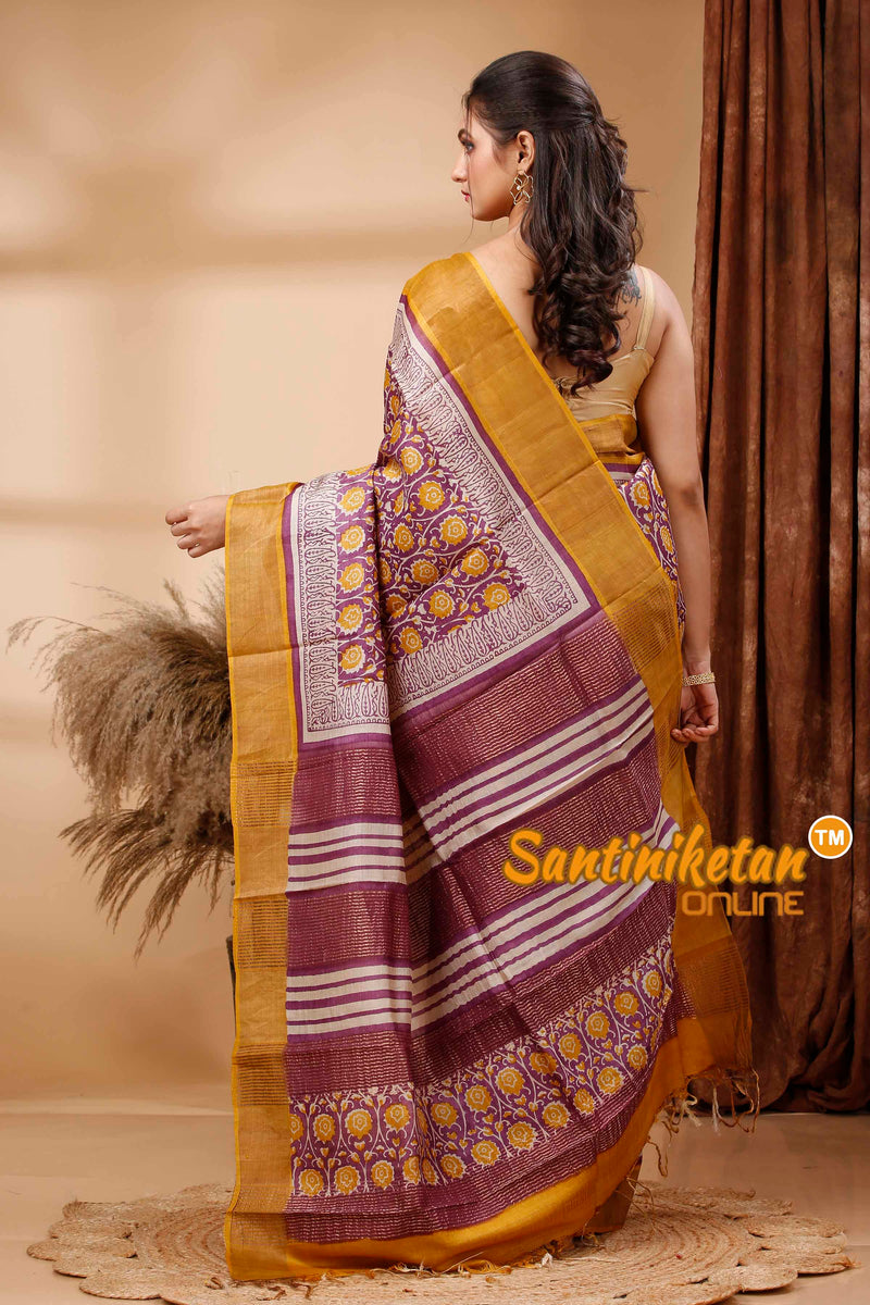 Pure Zari Tussar Hand Block Painted Saree SN202417685