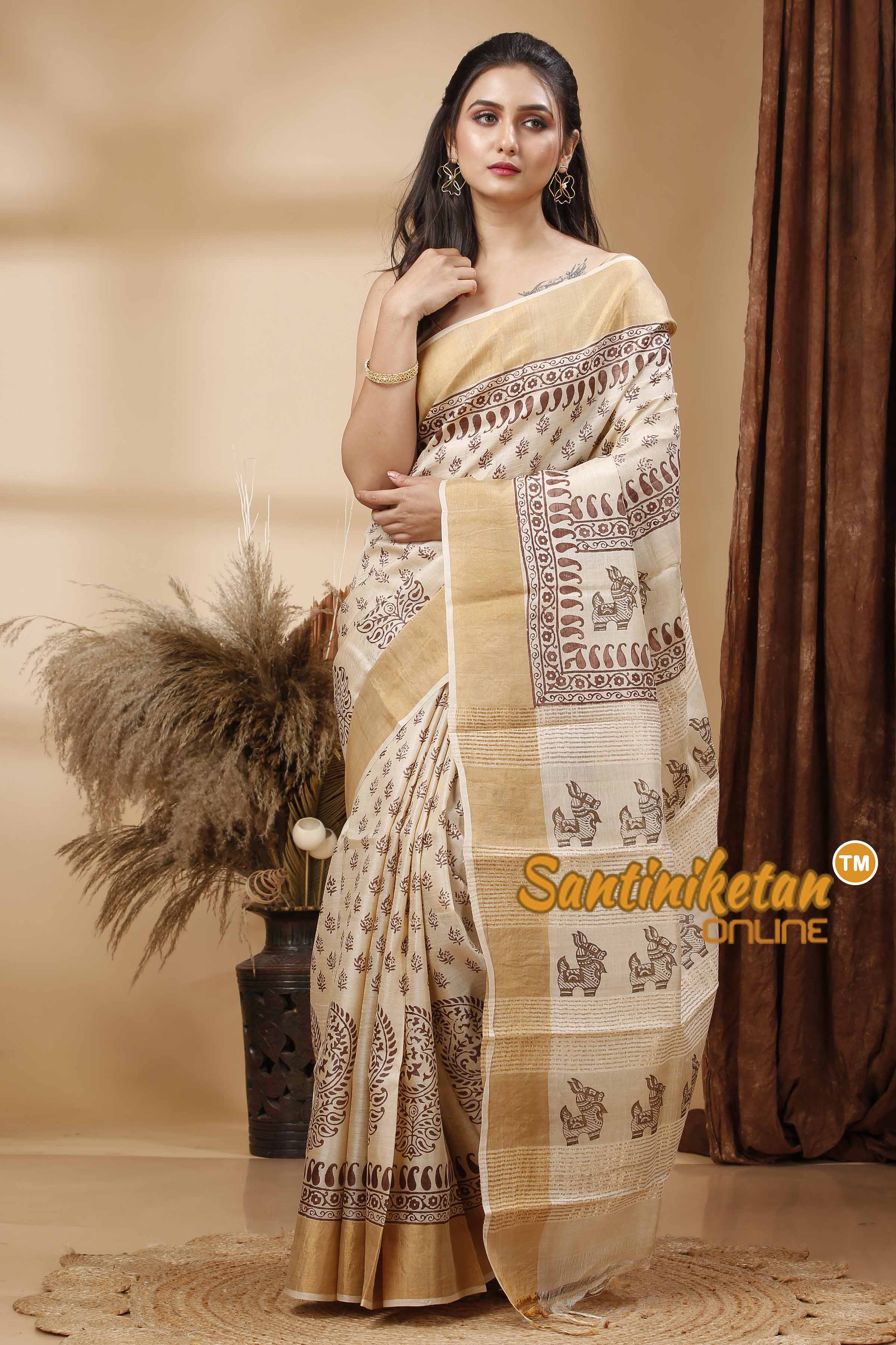 Pure Zari Tussar Hand Block Painted Saree SN202417691