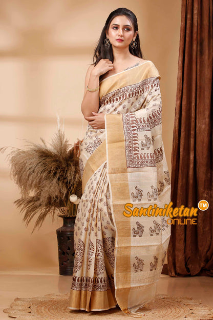 Pure Zari Tussar Hand Block Painted Saree SN202417691