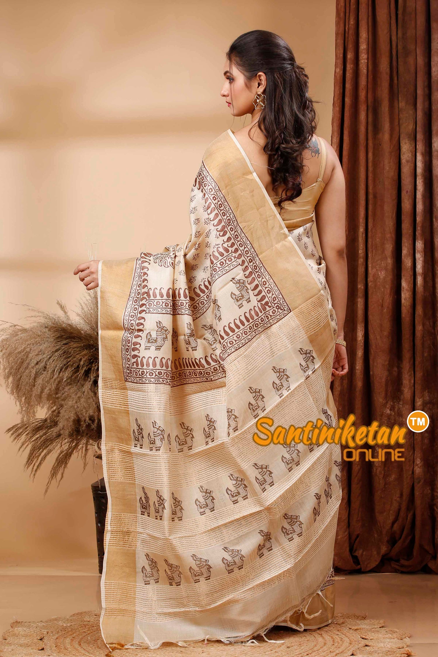Pure Zari Tussar Hand Block Painted Saree SN202417691
