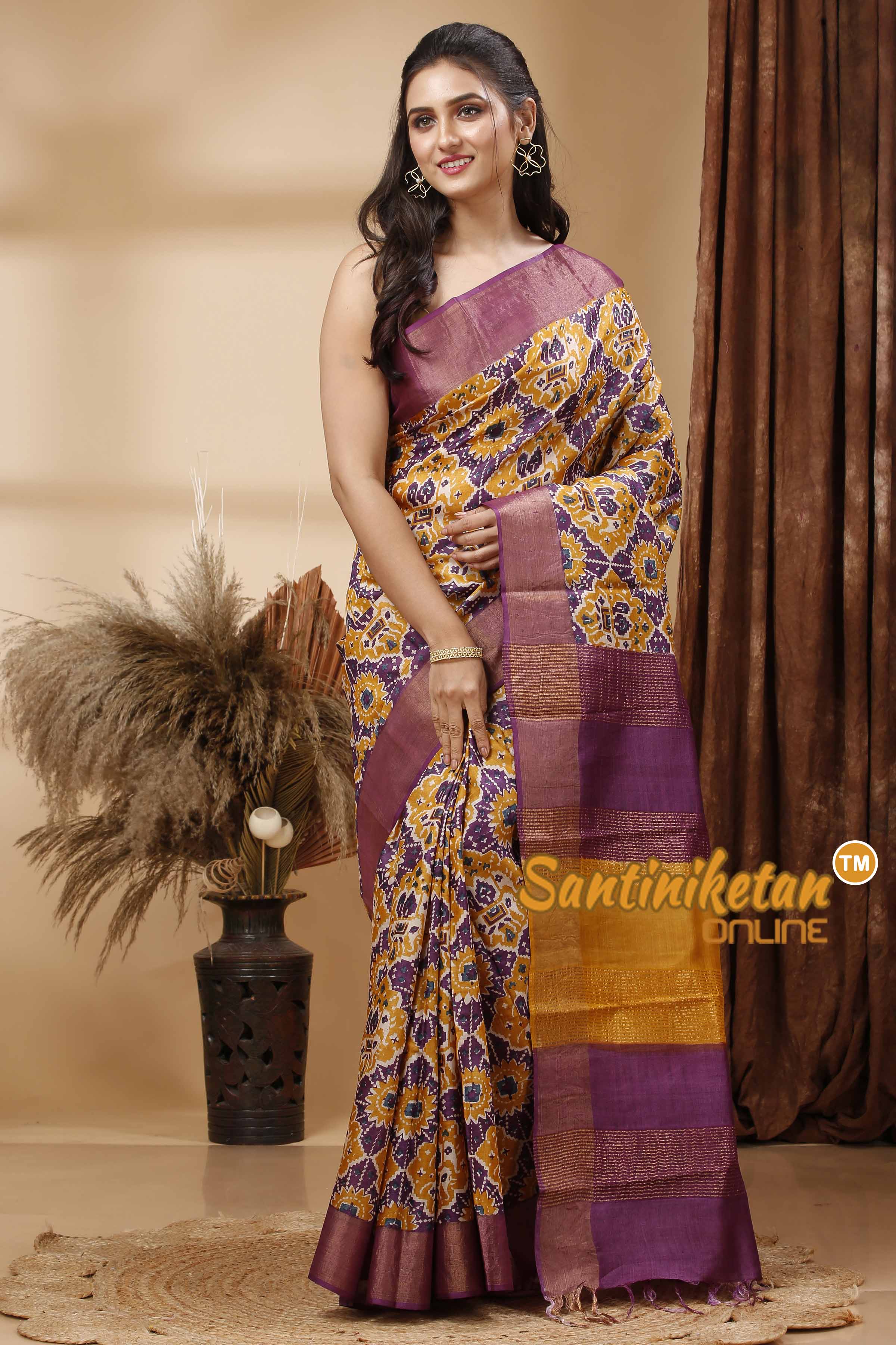 Pure Zari Tussar Hand Block Painted Saree SN202417704