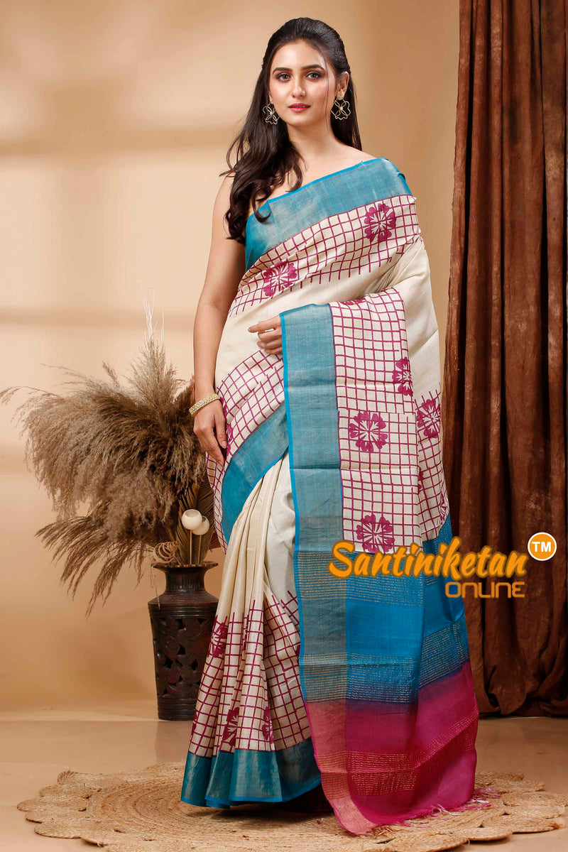 Pure Zari Tussar Hand Block Painted Saree SN202417716