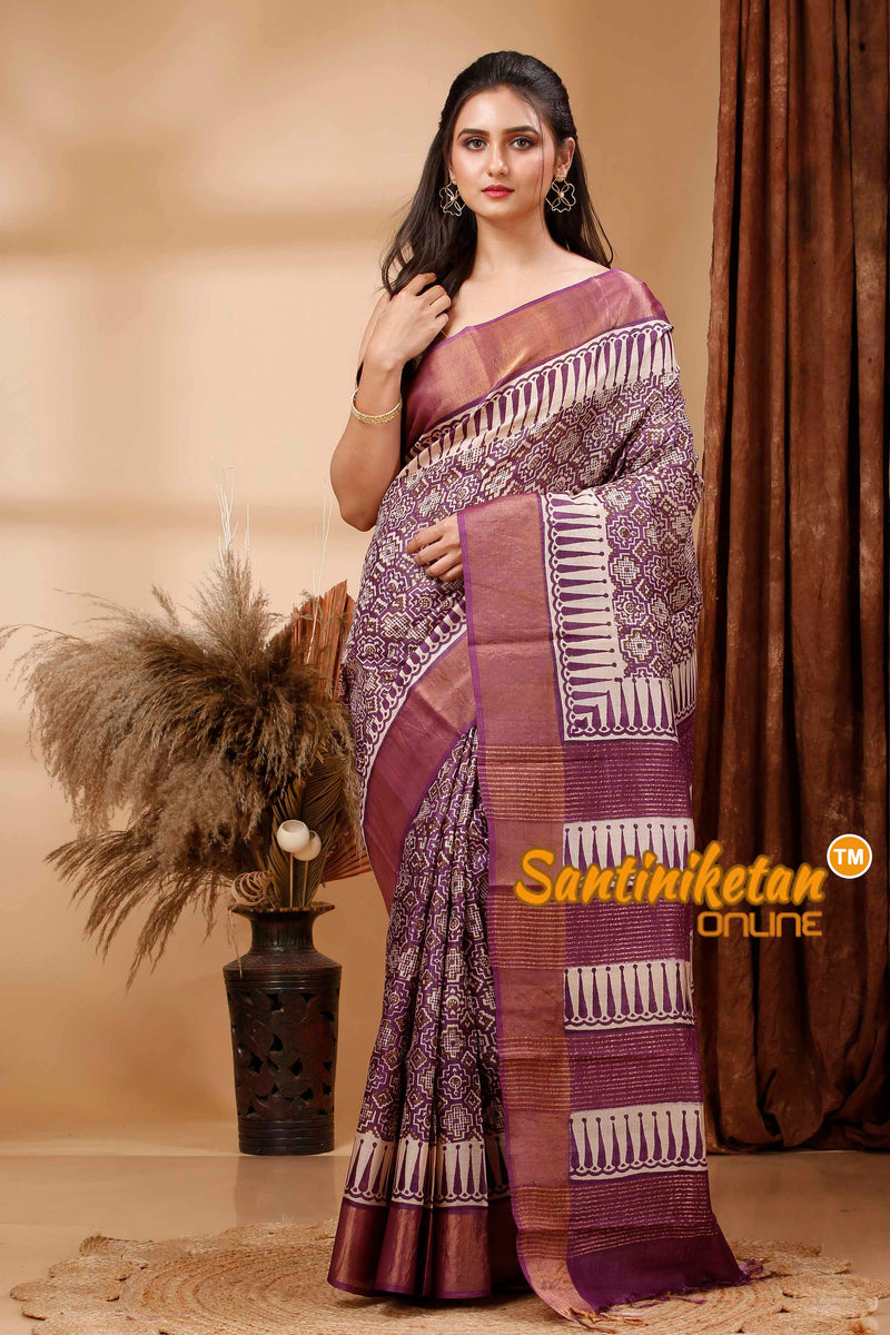 Pure Zari Tussar Hand Block Painted Saree SN202417728