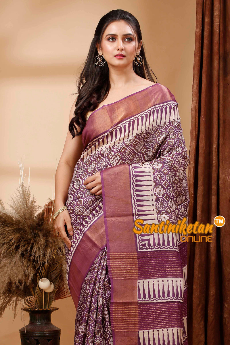 Pure Zari Tussar Hand Block Painted Saree SN202417728