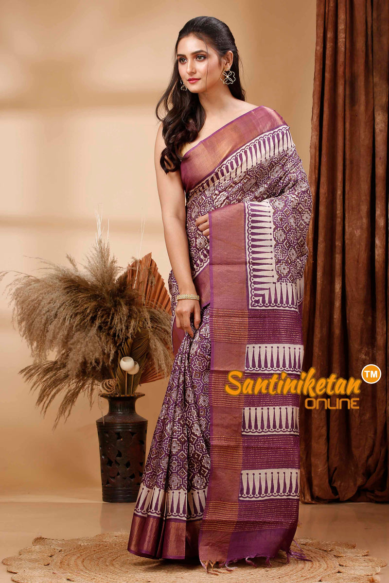 Pure Zari Tussar Hand Block Painted Saree SN202417728