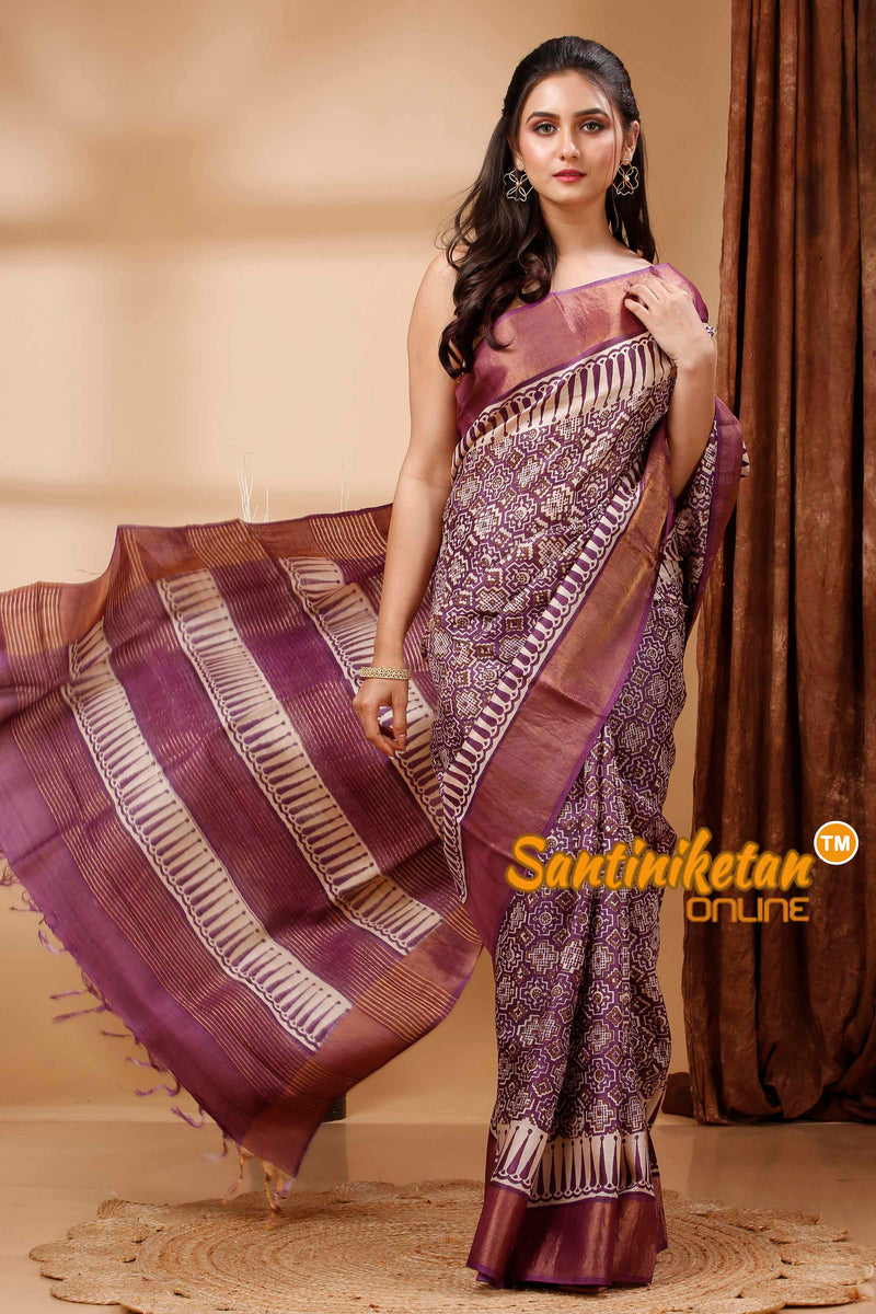 Pure Zari Tussar Hand Block Painted Saree SN202417728