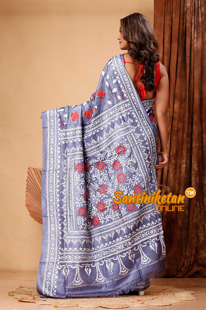 Pure Dye Tussar Silk Kantha Stitch Saree SN202418090