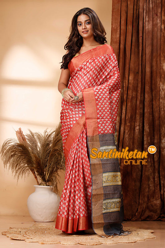Pure Zari Tussar Hand Block Painted Saree SN202418310
