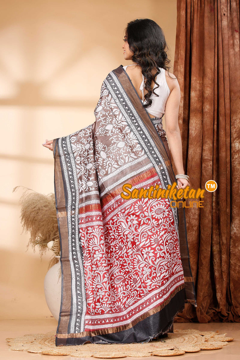 Zari Border Pure Tussar Silk Kantha Stitch Saree SN202418826