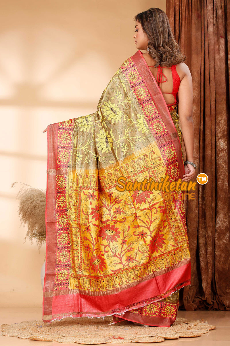 Zari Border Pure Tussar Silk Kantha Stitch Saree SN202418911