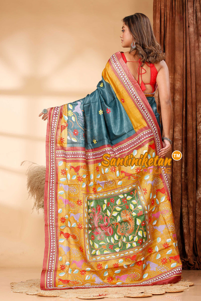 Pure Dye Gachi Tussar Silk Kantha Stitch Saree SN202418936