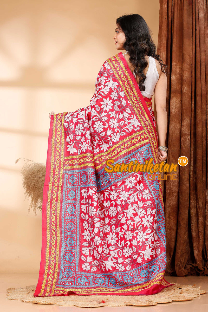 Bishnupuri (Katan) Silk Kantha Stitch Saree SN202419074