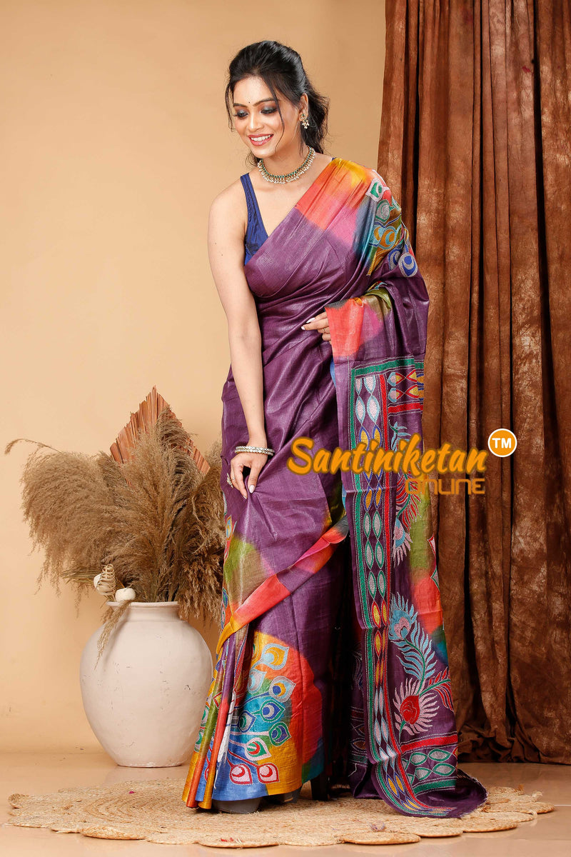 Pure Dye Gachi Tussar Silk Kantha Stitch Saree SN202419296