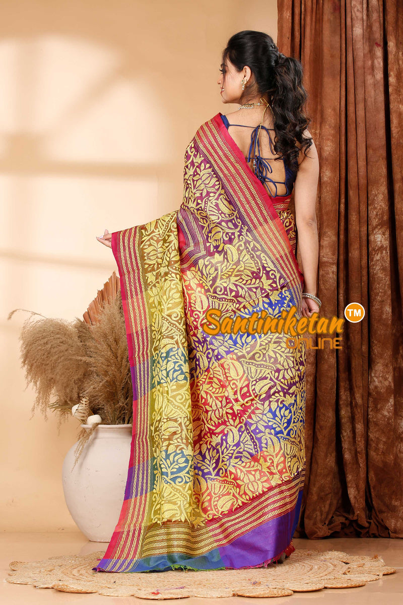 Bishnupuri (Katan) Silk Kantha Stitch Saree SN202419331