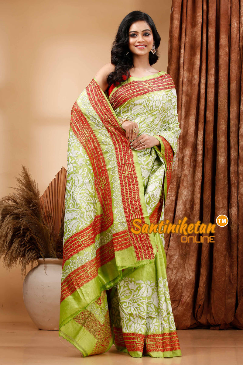 Bishnupuri (Katan) Silk Kantha Stitch Saree SN202419497