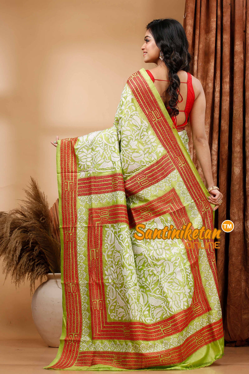 Bishnupuri (Katan) Silk Kantha Stitch Saree SN202419497