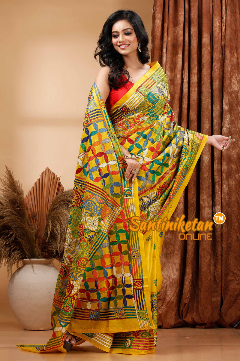 Pure Bangalore Silk Kantha Stitch Saree SN202419511