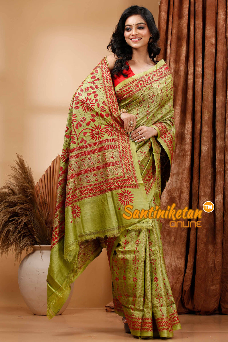 Pure Dye Tussar Silk Kantha Stitch Saree SN202419635