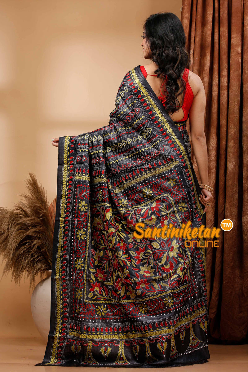 Pure Dye Tussar Silk Kantha Stitch Saree SN202419645