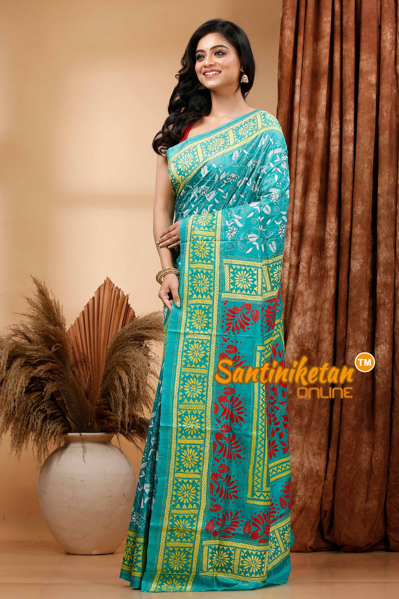 Bishnupuri (Katan) Silk Kantha Stitch Saree SN202419800